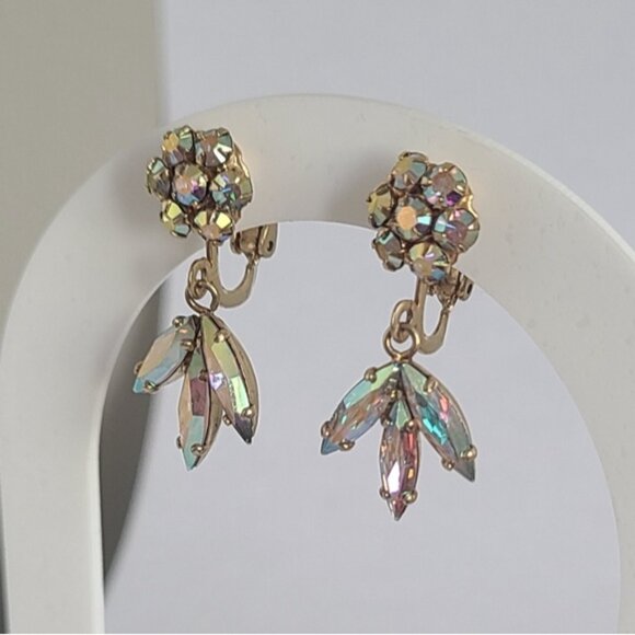Vintage SHERMAN Aurora Borealis Crystal Gold Flower Drop Dangle Clip-On Earrings - Picture 10 of 13